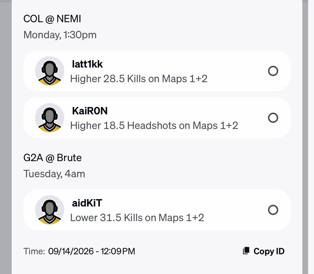 MooseProps_'s tweet photo. 🎯 Some cs2 props I like for this afternoon. Only 0.5 units on it. Good luck! 
⭐️ Also running a streak with Latt1kk and KaiRon. Let’s see if we can turn a 1.25 into 1k‼️ #cs2 #esports #cs2props #underdogstreaks #underdog https://t.co/bhWdXNLKyO
