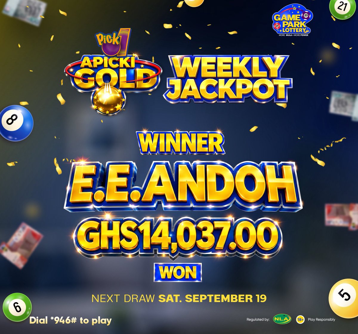 GamePark_GH's tweet photo. Big congratulations to E. E. ANDOH for bagging GHS 14,037.00 in the Pick 1 Apicki Gold Weekly Jackpot! You could be next! Dial *946# now to enter the next draw on Saturday.
#ApickiGold #WeeklyJackpot #WinnerAnnouncement #PlayAndWin. https://t.co/BQy6jy7Wfr