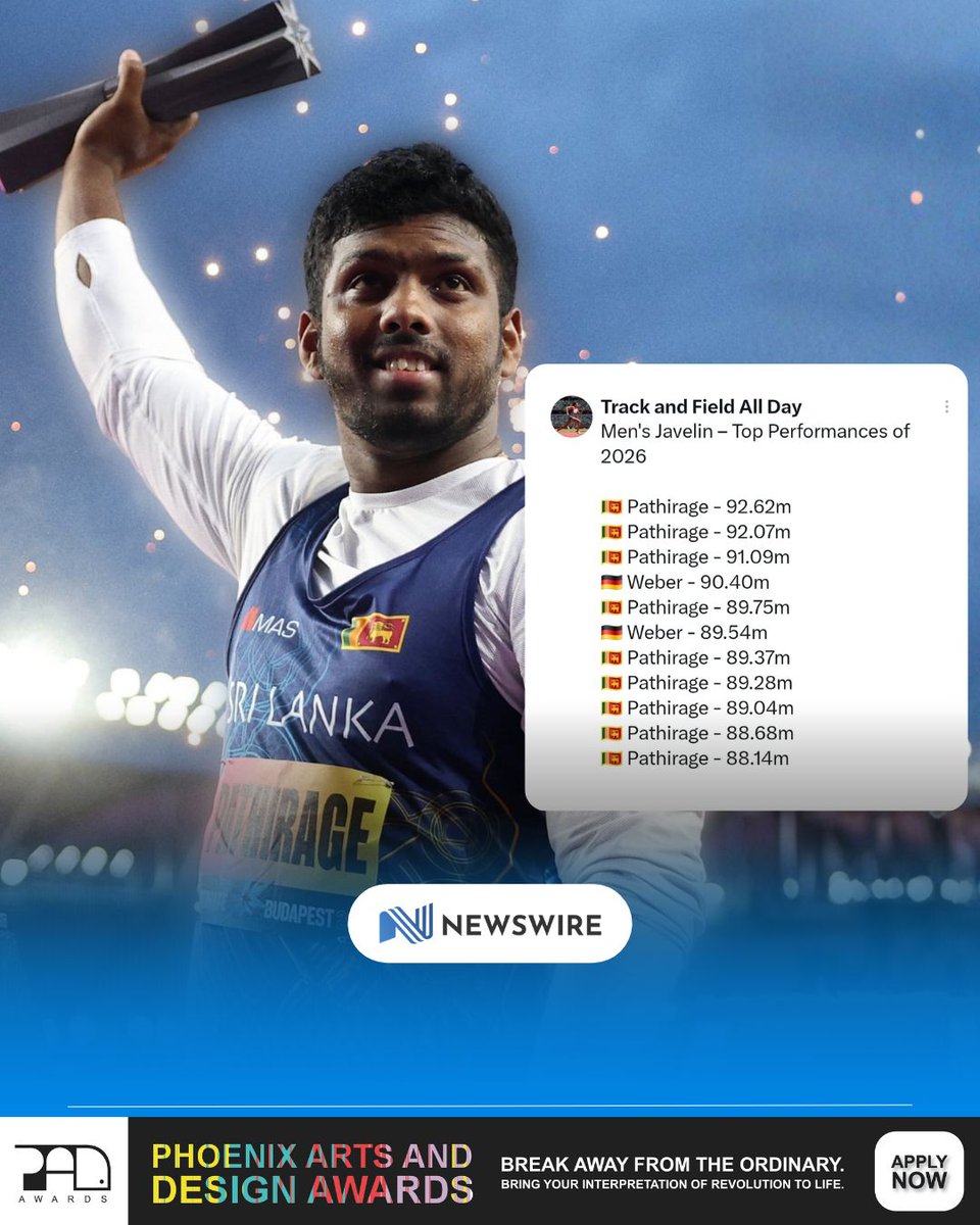NewsWireLK's tweet photo. 🇱🇰 It’s Pathirage everywhere! 🔥

Rumesh Pathirage dominates the list of the world’s top men’s javelin performances in 2026, with Sri Lanka’s rising star occupying 9 of the top 11 marks — including the top three. 🎯

92.62m | 92.07m | 91.09m 🇱🇰 https://t.co/EsZtZwGgQO