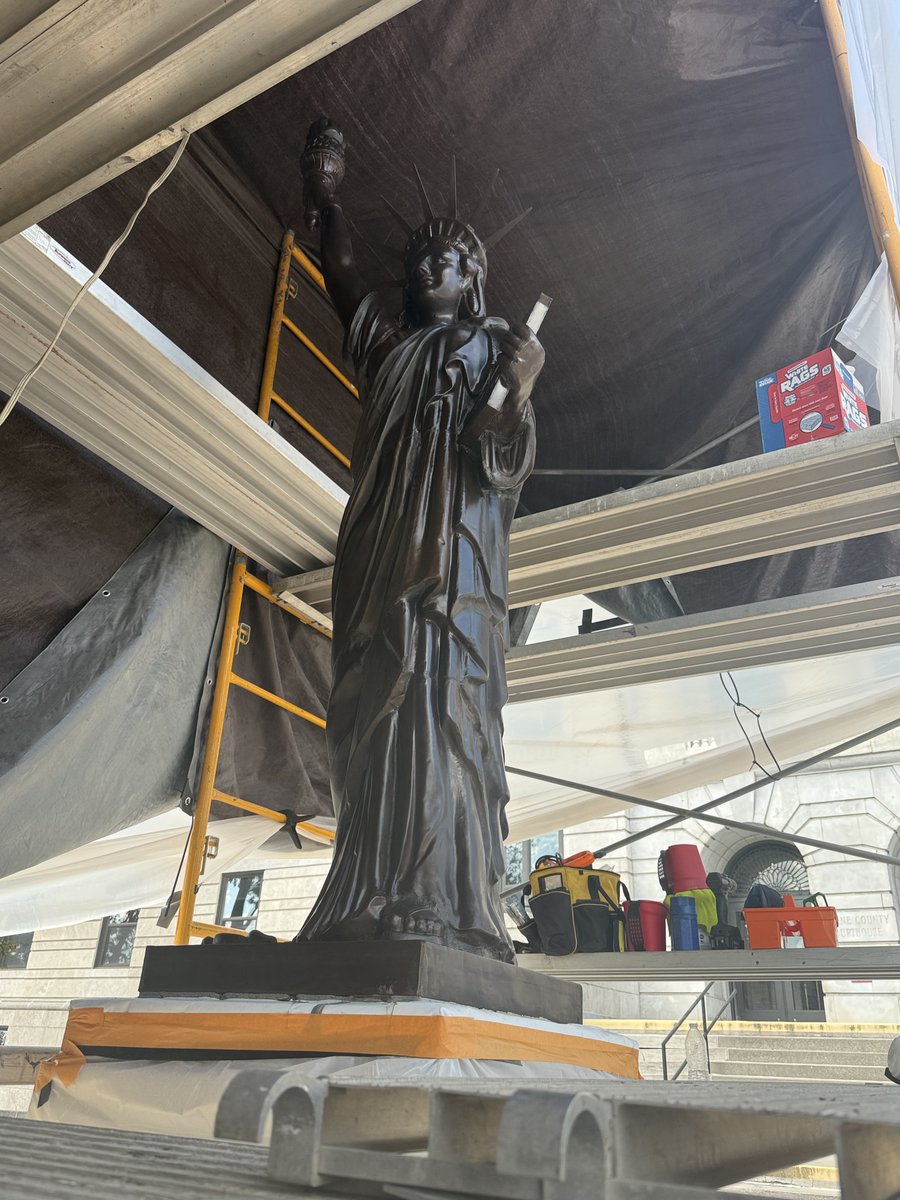 GreeneCountyMO's tweet photo. Restoration work is underway on the Lady Liberty statue that has stood on the south lawn of the Historic Greene County Courthouse since 1950, after decades of weather damage.  You can donate to the cause at: https://t.co/l0AIonnPuU https://t.co/cESDWLtQ7N