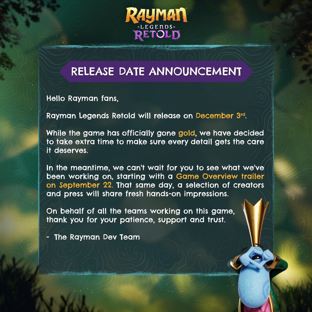 LaCavernaGamer's tweet photo. UBISOFT acaba de anunciar que "Rayman Legends Retold" se retrasa.

Tenía previsto su salida el 1 de Octubre, pero desde Ubi dicen que quieren darle un tiempo extra de pulido. El 22 de septiembre habrá nuevo tráiler.

Su nueva fecha lanzamiento es el 3 de diciembre. https://t.co/kquj222OHG