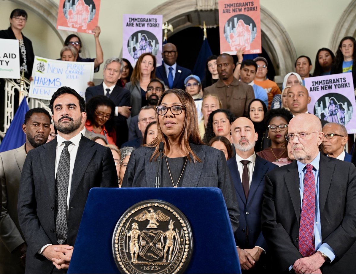 NewYorkStateAG's tweet photo. My office and @NYCMayor are filing two lawsuits to stop the Trump administration's new public charge rule, a catastrophic policy attacking immigrants.

The rule preys on fear so families forgo food assistance, health care coverage, and other benefits they're legally entitled to. https://t.co/Rb4sNDAniU