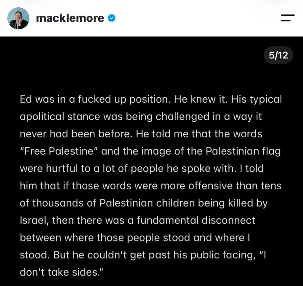 leylahamed's tweet photo. Macklemore probably didn’t even mean to fry Ed Sheeran, but fuck me, he absolutely deserves to get fried. You cannot be this fucking passive in 2026 during a genocide. https://t.co/uWDOtp93fS
