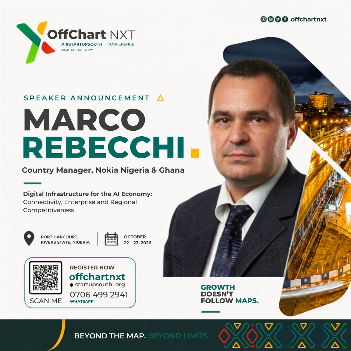 StartupSouthNg's tweet photo. Marco Rabecchi, @nokia Country Manager for Nigeria &amp; Ghana, joins OffChart NXT 2026.

He brings deep experience across connectivity, digital infrastructure and the systems powering Africa’s digital economy.

22–23 Oct | Port Harcourt
Tickets: https://t.co/LSAVXxHGca
#OffChartNXT https://t.co/bEZwPJTCV2