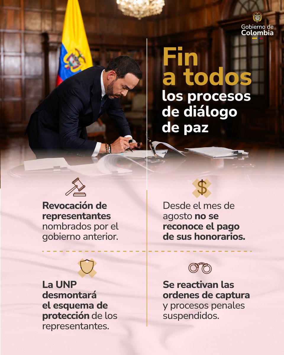 infopresidencia's tweet photo. Cuando no hay voluntad de paz, los diálogos no pueden continuar. El Gobierno da por terminados los procesos de diálogo con nueve estructuras armadas que han persistido en actividades criminales, violencia y narcotráfico, incumpliendo las condiciones necesarias para avanzar hacia la paz.

La paz no puede ser utilizada para fortalecer estructuras que siguen atentando contra la seguridad y la tranquilidad de los colombianos.