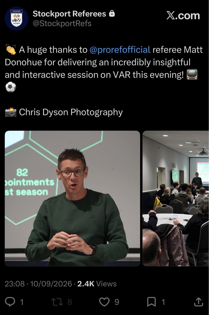 Robdaniels97's tweet photo. @utdreport @TheAthleticFC Matt Donohue did a talk about VAR to referees in Stockport (notorious Blue area of Manchester) just last week. So either he taught the upcoming referee’s the wrong laws about offside or it’s something deeper. The account has since been put on private to hide the fact it happened https://t.co/HzhTV7AHNy