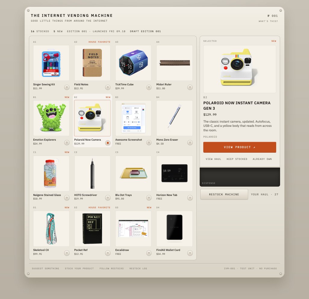 RyanColgin's tweet photo. Asked Reddit for feedback on The Internet Vending Machine &amp; got it. Icons were confusing, products hard to see &amp; the flow made people work too hard.

I've added real product images, better Vend/Product flow, &amp; haul shows your vends. It feels much better.

https://t.co/byN7VyRalg https://t.co/uLRIzJG7Et