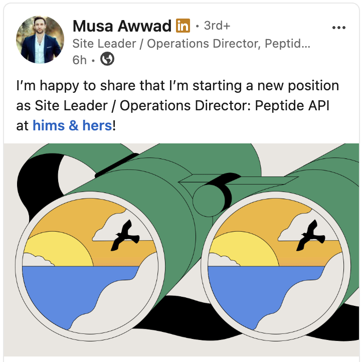himshouse's tweet photo. 🚨 BREAKING: $HIMS HIRES MUSA AWWAD AS SITE LEADER / OPERATIONS DIRECTOR, PEPTIDE API

- Previously, Musa was a Production Scientist at PolyPeptide Group for 5+ yrs 
- PolyPeptide is one of the largest specialized peptide manufacturers in the world
- Samsung Biologics acquired PolyPeptide in July for $1.8B
- Before PolyPeptide, he was a USC Pharmacy School staff member for 4 yrs
- Musa has also worked as a Senior Scientist at Takeda and Shire

🔥🔥🔥🔥🔥🔥