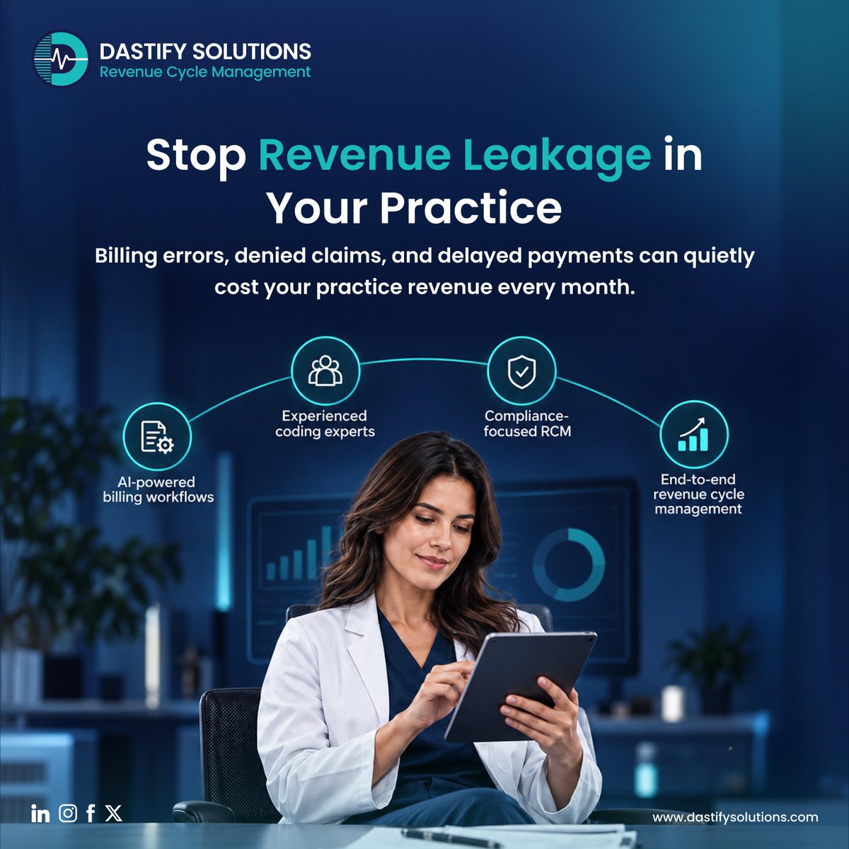 dastifyUSA's tweet photo. Revenue leakage often starts with small billing issues that add up over time. Dastify Solutions helps providers identify gaps, reduce preventable losses, and keep more earned revenue moving through the cycle.

#MedicalBilling #RevenueCycleManagement #DenialManagement https://t.co/yYSidOqx5d