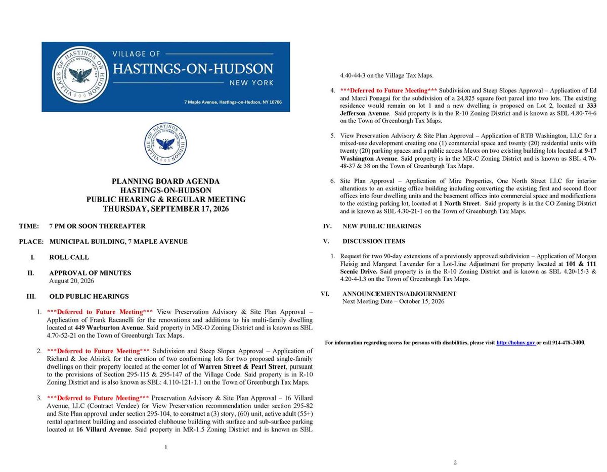 hohgov's tweet photo. Hastings-on-Hudson Planning Board Meeting Agenda - Thursday, Sepetmber 17, 2026 at 7PM ->  https://t.co/DfDcFIjVkw https://t.co/P8MN7FRju2