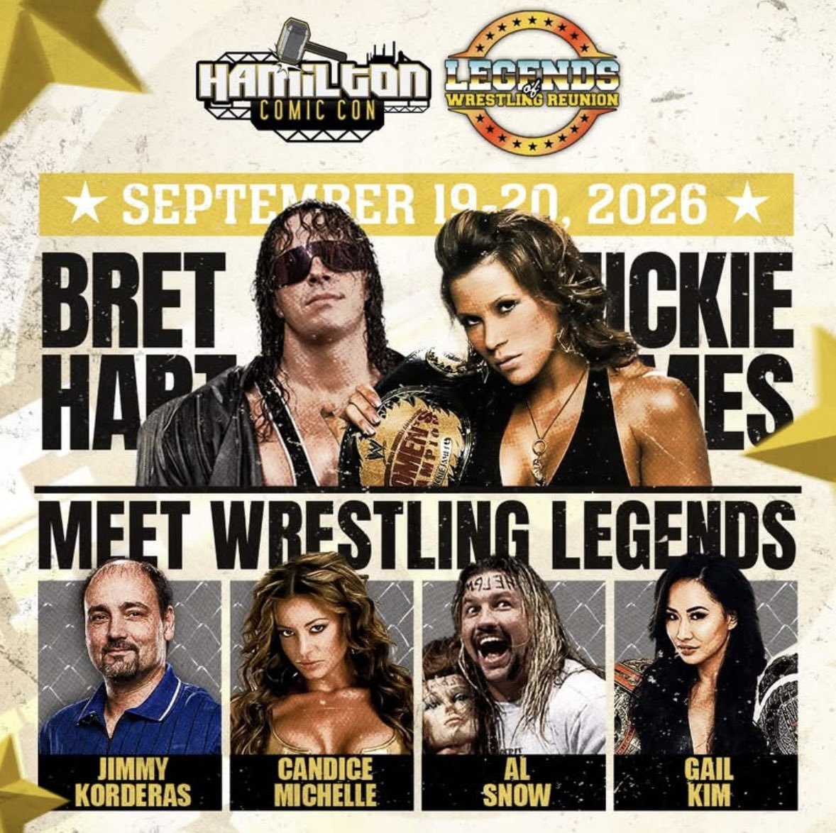 Hamiltoncomic's tweet photo. Let’s get ready to rumble! The Legends of Wrestling Reunion returns to HCC this weekend with an ALL-STAR lineup featuring Bret “the Hitman” Hart, Mickie James, Al Snow, Candice Michelle, Gail Kim &amp; Jimmy Korderas! Tickets will be at the door!Get tickets at https://t.co/eJj2tE8as6 https://t.co/liNDCw9vHP
