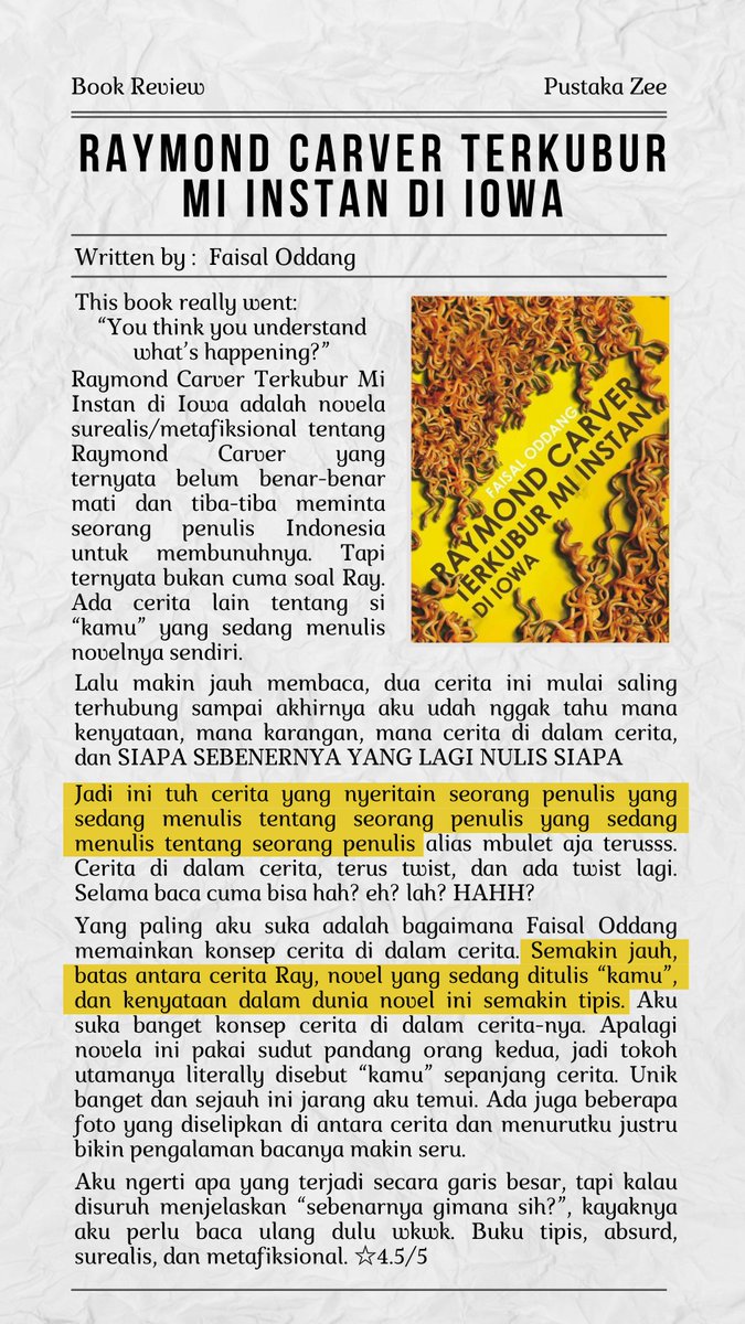 journalzees's tweet photo. ๐ชถ Pustaka Samฤซkแนฃฤ ๐๐ หหห
๐ Raymond Carver Terkubur Mi Instan di Iowa by Faisal Oddang
โ 4.5/5
๐ iPusnas, buku unik, surealis
โ ๏ธ 18+, Thriller
#PustakaZee https://t.co/cAoivZnt2z
