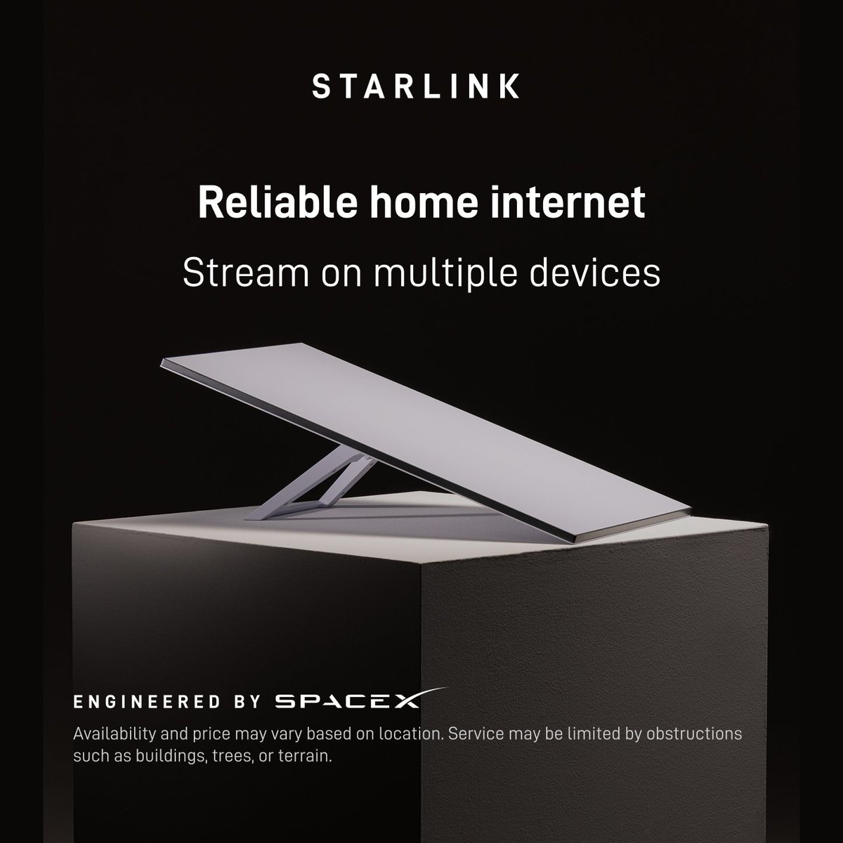 Starlink's tweet photo. Get fast, reliable home internet for seamless streaming, working from home, gaming, and more across multiple devices.

Order online in minutes.