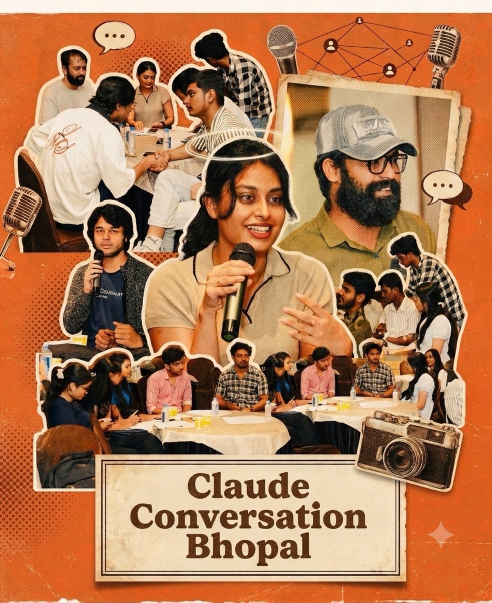 0xabhi7's tweet photo. Bhopal just crashed the AI conversation. 🔥
1,000+ registrations. 100+ people in the room.
And suddenly, everyone was talking about AI in Bhopal.
Claude Community India hosted Claude Conversations Bhopal — and honestly, the response was beyond what we expected. https://t.co/hQqiRmRwlL