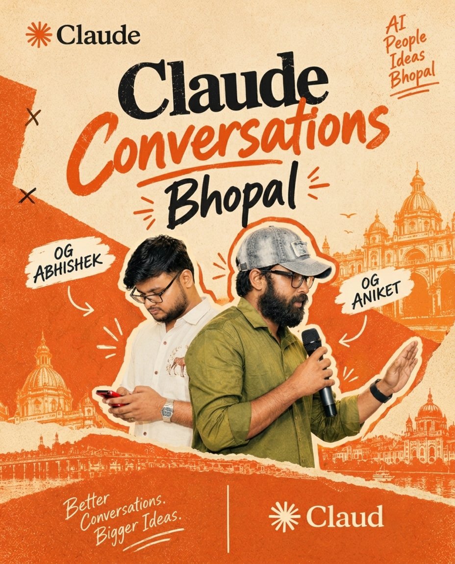 0xabhi7's tweet photo. Bhopal just crashed the AI conversation. 🔥
1,000+ registrations. 100+ people in the room.
And suddenly, everyone was talking about AI in Bhopal.
Claude Community India hosted Claude Conversations Bhopal — and honestly, the response was beyond what we expected. https://t.co/hQqiRmRwlL
