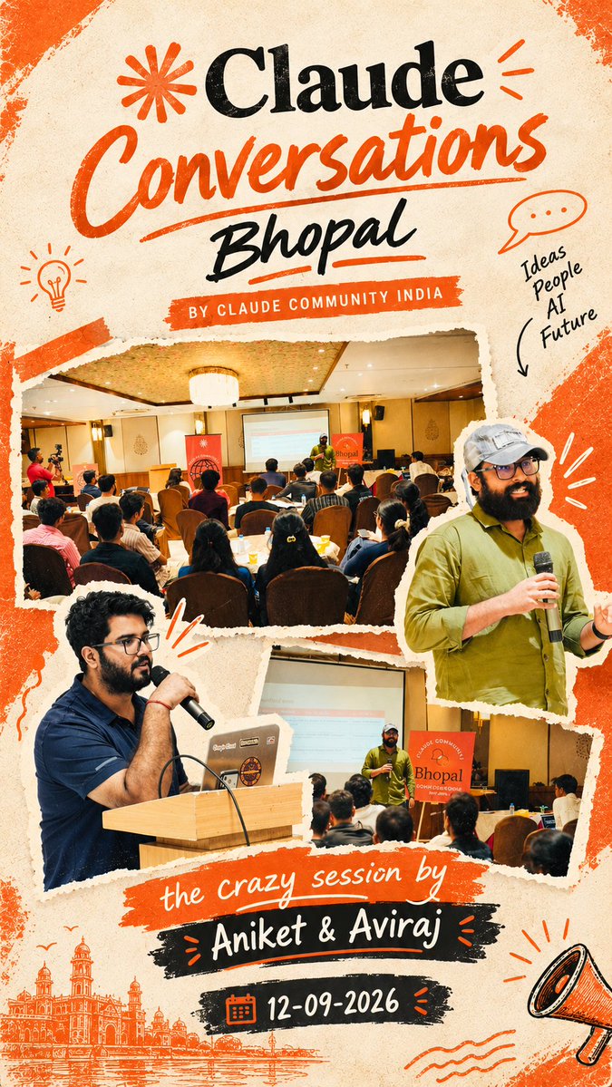 0xabhi7's tweet photo. Bhopal just crashed the AI conversation. 🔥
1,000+ registrations. 100+ people in the room.
And suddenly, everyone was talking about AI in Bhopal.
Claude Community India hosted Claude Conversations Bhopal — and honestly, the response was beyond what we expected. https://t.co/hQqiRmRwlL