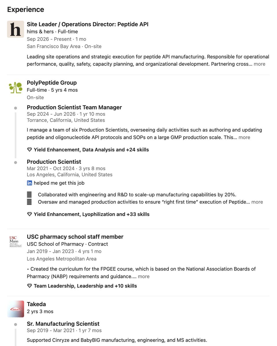 himshouse's tweet photo. 🚨 BREAKING: $HIMS HIRES MUSA AWWAD AS SITE LEADER / OPERATIONS DIRECTOR, PEPTIDE API

- Previously, Musa was a Production Scientist at PolyPeptide Group for 5+ yrs 
- PolyPeptide is one of the largest specialized peptide manufacturers in the world
- Samsung Biologics acquired PolyPeptide in July for $1.8B
- Before PolyPeptide, he was a USC Pharmacy School staff member for 4 yrs
- Musa has also worked as a Senior Scientist at Takeda and Shire

🔥🔥🔥🔥🔥🔥