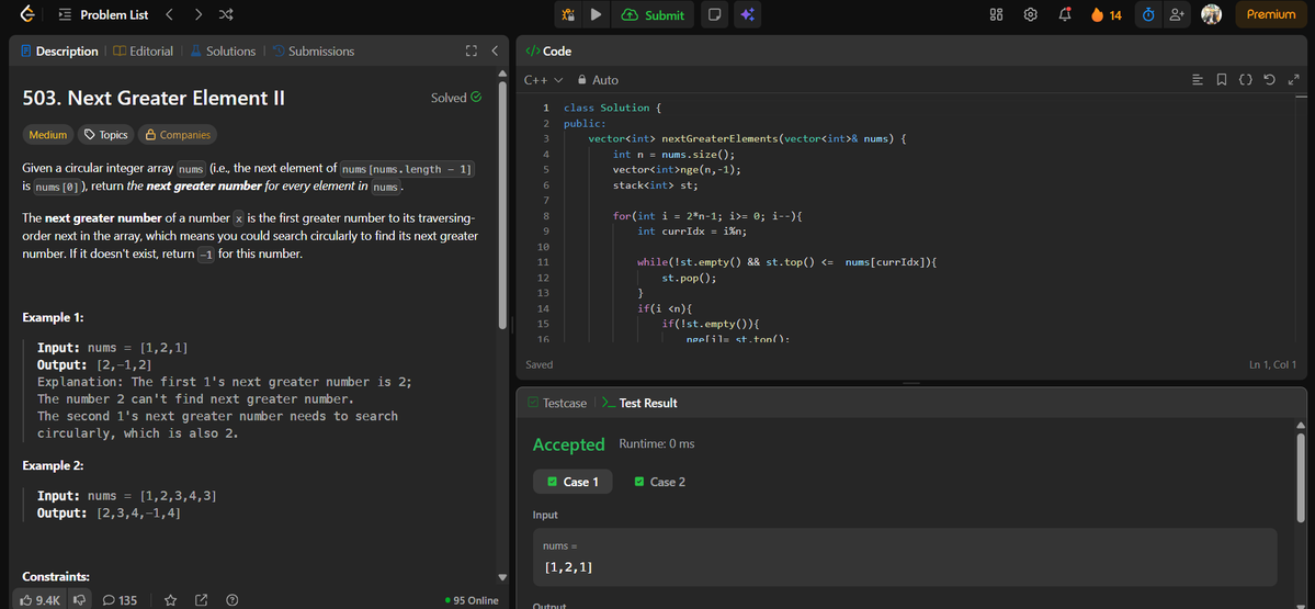 ashish_a15's tweet photo. Day 116: DSA &amp; Databases 🚀

✅LC 503. Next Greater Element II
✅Next Smaller Element
✅LC 836. Rectangle Overlap
✅DSAMONDAY020

#DSA #LeetCode #CS50 #SQL #Coding https://t.co/wYmRvFEFAL