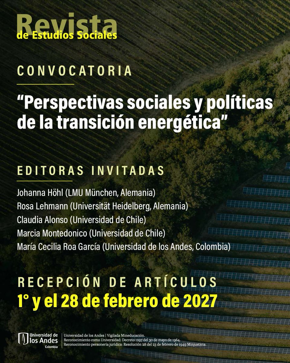 RevistasUAndes's tweet photo. #Convocatoria | Revista de Estudios Sociales 📣 

Les invitamos a preparar sus contribuciones para la próxima convocatoria"Perspectivas sociales y políticas de la #TransiciónEnergética".💡 📚 

Info: https://t.co/25FjGtBgMt

#EnergyTransition #CallForPapers 
@facisouniandes https://t.co/OgHtRtU9La