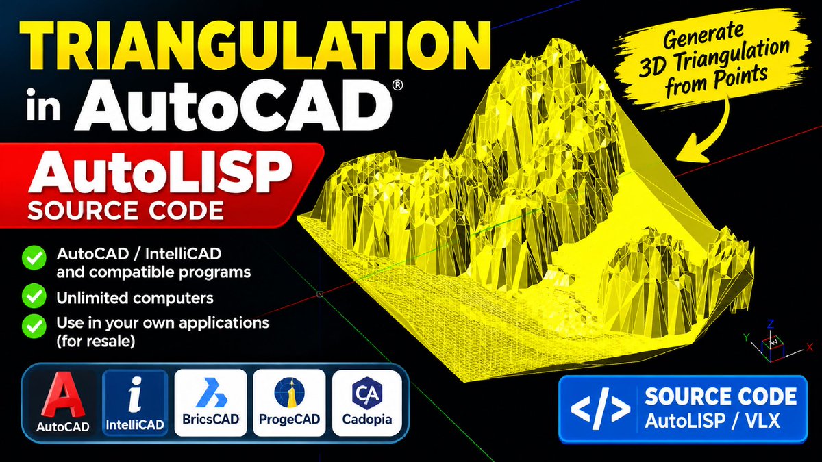 rcadsoftware's tweet photo. AutoCAD Triangulation – AutoLISP Source Code for Your Own Applications!
The source code gives developers the flexibility to integrate triangulation functionality into their own CAD solutions instead of developing the algorithm from scratch.
#AutoCAD #AutoLISP #SourceCode #CAD https://t.co/nJHMFYuzW4