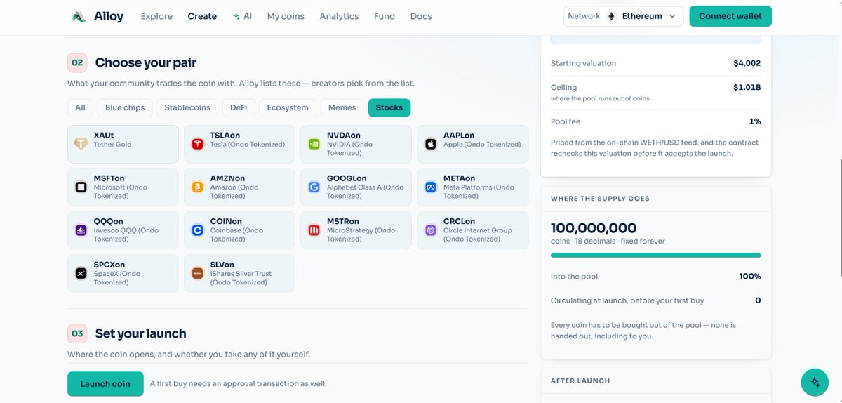 Alloy_Market's tweet photo. Choose your preferred tokenized stock to issue meme coins.

Every token created on Alloy is designed to be ownerless.

Ownership is renounced, liquidity is permanently locked, and trading fees remain transparently tied to the pool.

Creators can earn fee rewards from the activity around their tokens, while Alloy may use a portion of platform fees to buy back the ALLOY token.

No hidden owner control.
Permanent LP lock.
Creator-aligned incentives.
Platform fees supporting ALLOY buybacks.

Built for a more transparent asset issuance layer on Ethereum.