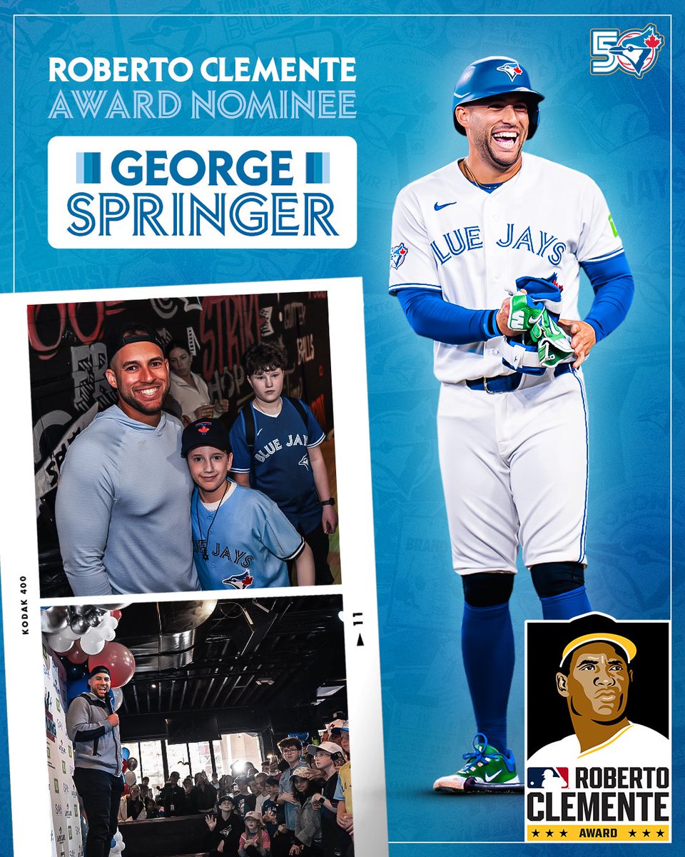 BlueJays's tweet photo. Congratulations to George Springer on being named our 2026 Roberto Clemente Award Nominee!

George annually hosts his Bowling Benefit in Toronto, raising funds and awareness for Jays Care Foundation and the Stuttering Association for the Young (SAY). 

VOTE NOW: https://t.co/EfVkidemSd