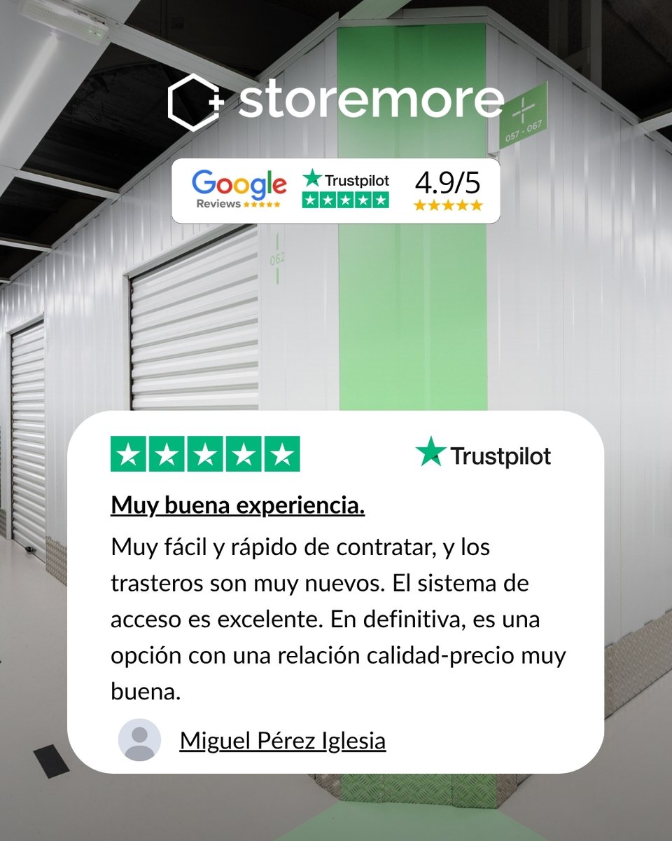 StoremoreES's tweet photo. Así hablan quienes ya confían en Storemore. 💚

Estas son nuestras últimas cuatro reseñas en Trustpilot. ¡Gracias por compartir vuestra experiencia!

#alquilerdetrasteros https://t.co/XIIYbdxUrW