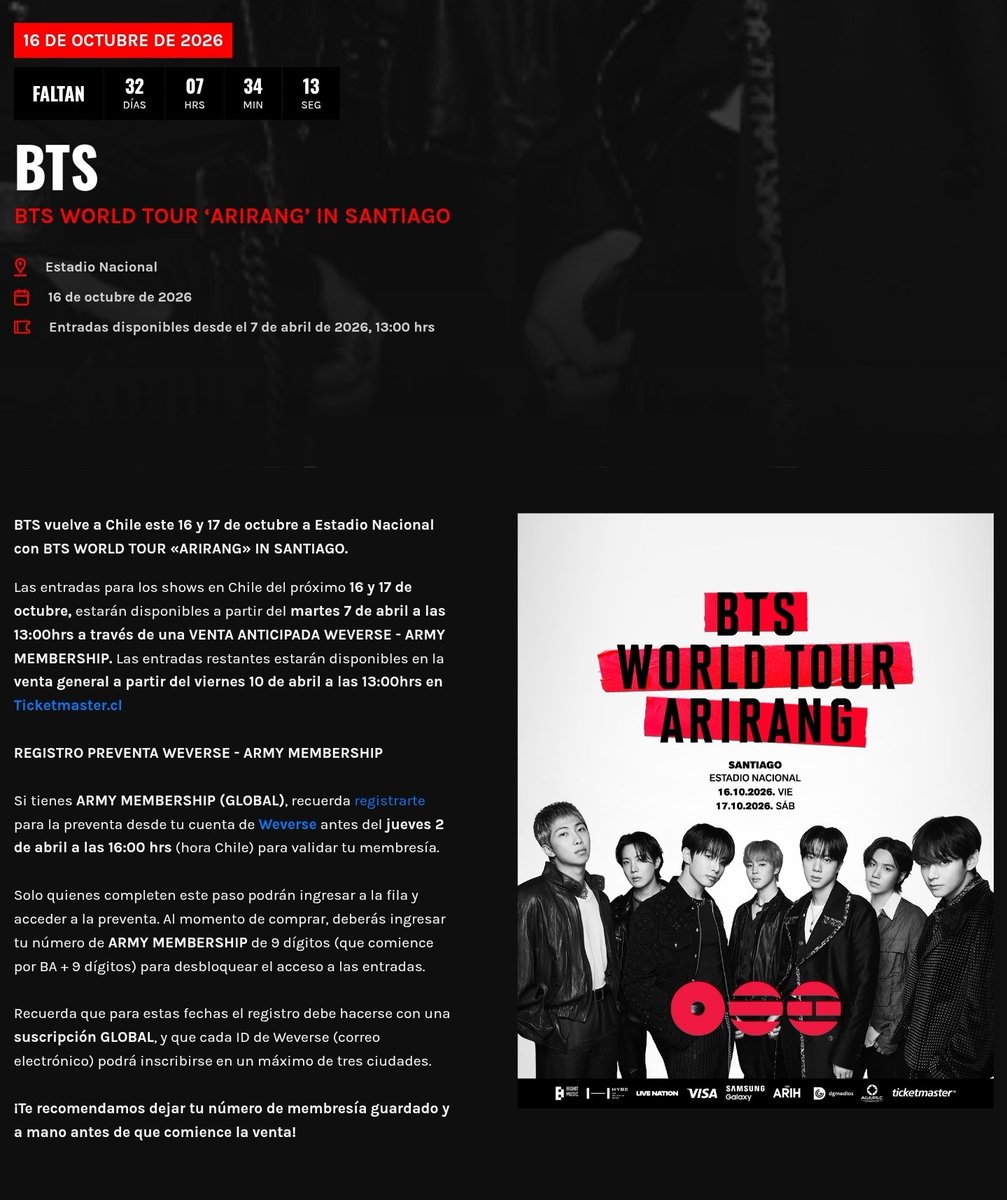 BTSDailyChile's tweet photo. 📢 | ARMY, INFORMACIÓN IMPORTANTE PARA LOS CONCIERTOS EN CHILE 

Por el momento, NO se ha publicado información oficial sobre los elementos permitidos y prohibidos para el ingreso al Estadio Nacional, incluyendo:

• Tamaño o tipo de bolsos/mochilas permitidos.
• Botellas o recipientes para agua.
• Power banks.
• Alimentos.
• Cámaras.
• Banners, carteles u otros elementos.
• ARMY Bomb y accesorios, entre otros.

Ticketmaster señala oficialmente que la información sobre accesos, horarios y artículos permitidos y prohibidos será comunicada días antes del evento. 

⚠️ Por ahora, recomendamos no tomar como referencia las restricciones de otros conciertos realizados en el Estadio Nacional, ya que pueden variar según cada evento.

Apenas DG Medios o Ticketmaster publiquen las indicaciones oficiales para BTS, las compartiremos.

🔗Información oficial del evento
https://t.co/67icgA0yJe
