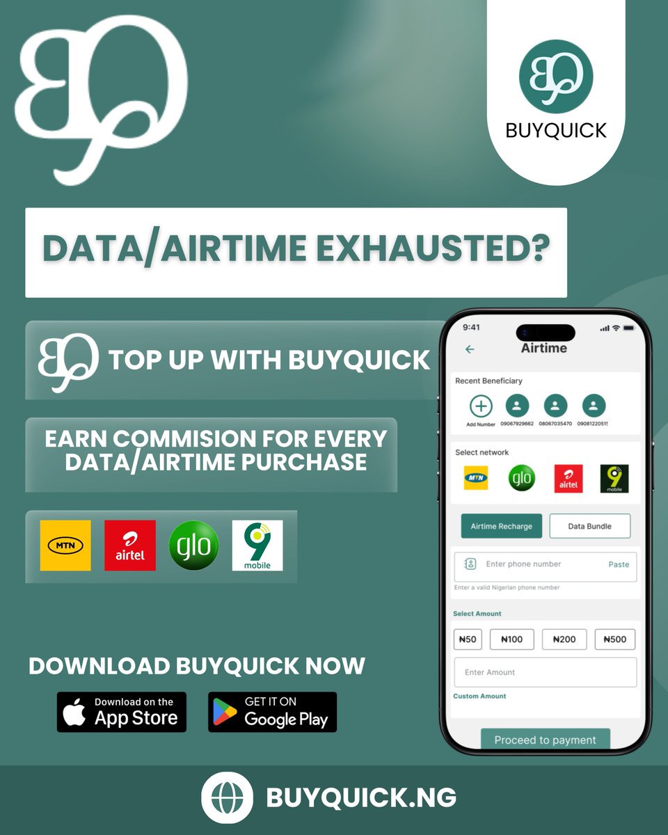 BuyQuick_NG's tweet photo. You can EASILY MAKE YOUR MONEY BACK

You buy airtime.
You buy data.
You pay bills.

You're spending the money anyway.

Why not earn back on it?

BuyQuick. Earn on every transaction.

Web: https://t.co/pj1O0py0Kl
Android: https://t.co/4LapCGuZDc 
iOs: https://t.co/7VRnrkwI75 https://t.co/3GJayrRbhM