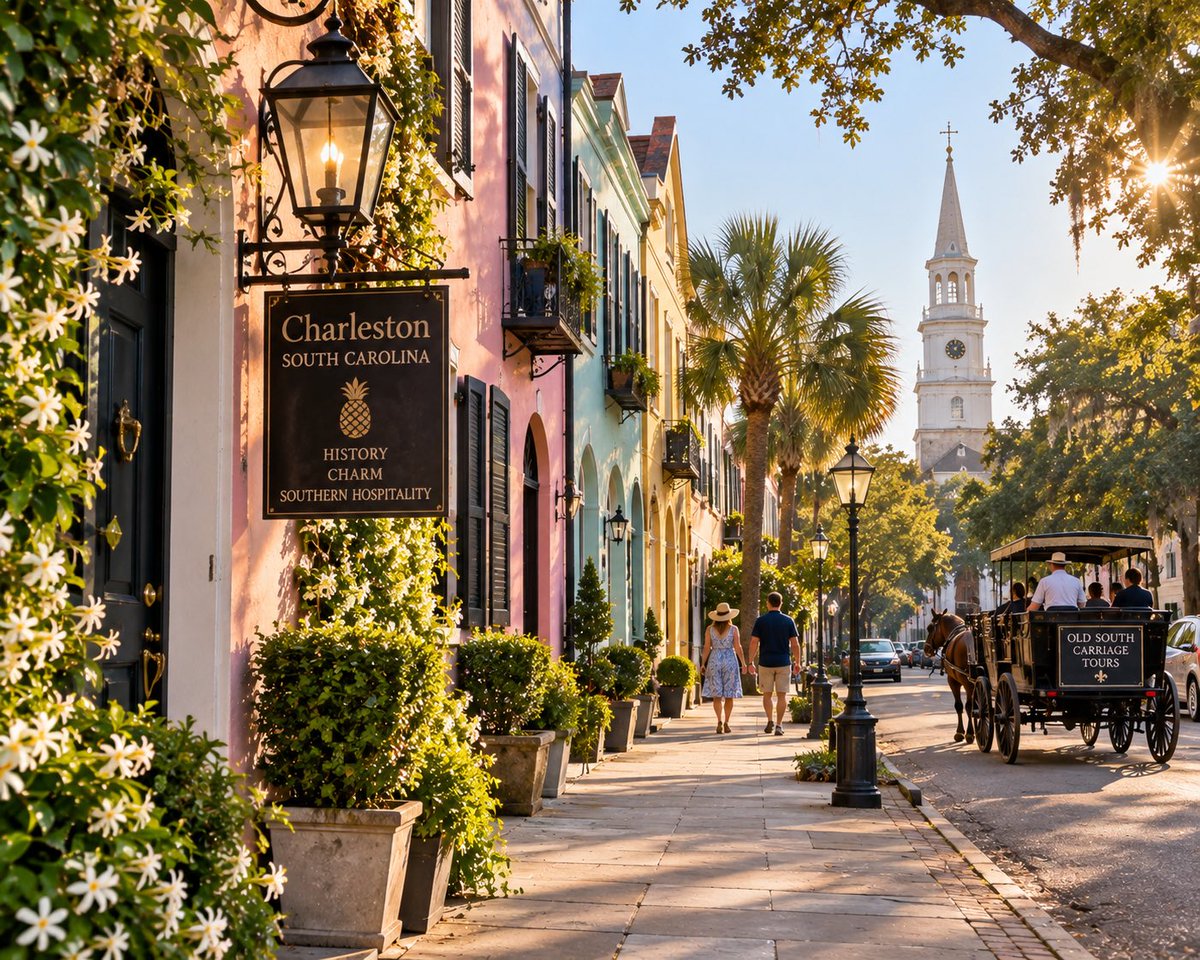 Expedition_US's tweet photo. Good morning from Charleston, SC! ☀���✨ Imagine waking up to the sun illuminating Rainbow Row, the smell of jasmine in the air, and the sounds of church bells filling the streets. Every corner is a blend of charm and history! #Charleston #TravelGoals https://t.co/8nzFFwRObj