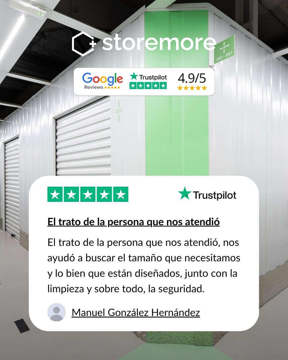 StoremoreES's tweet photo. Así hablan quienes ya confían en Storemore. 💚

Estas son nuestras últimas cuatro reseñas en Trustpilot. ¡Gracias por compartir vuestra experiencia!

#alquilerdetrasteros https://t.co/XIIYbdxUrW
