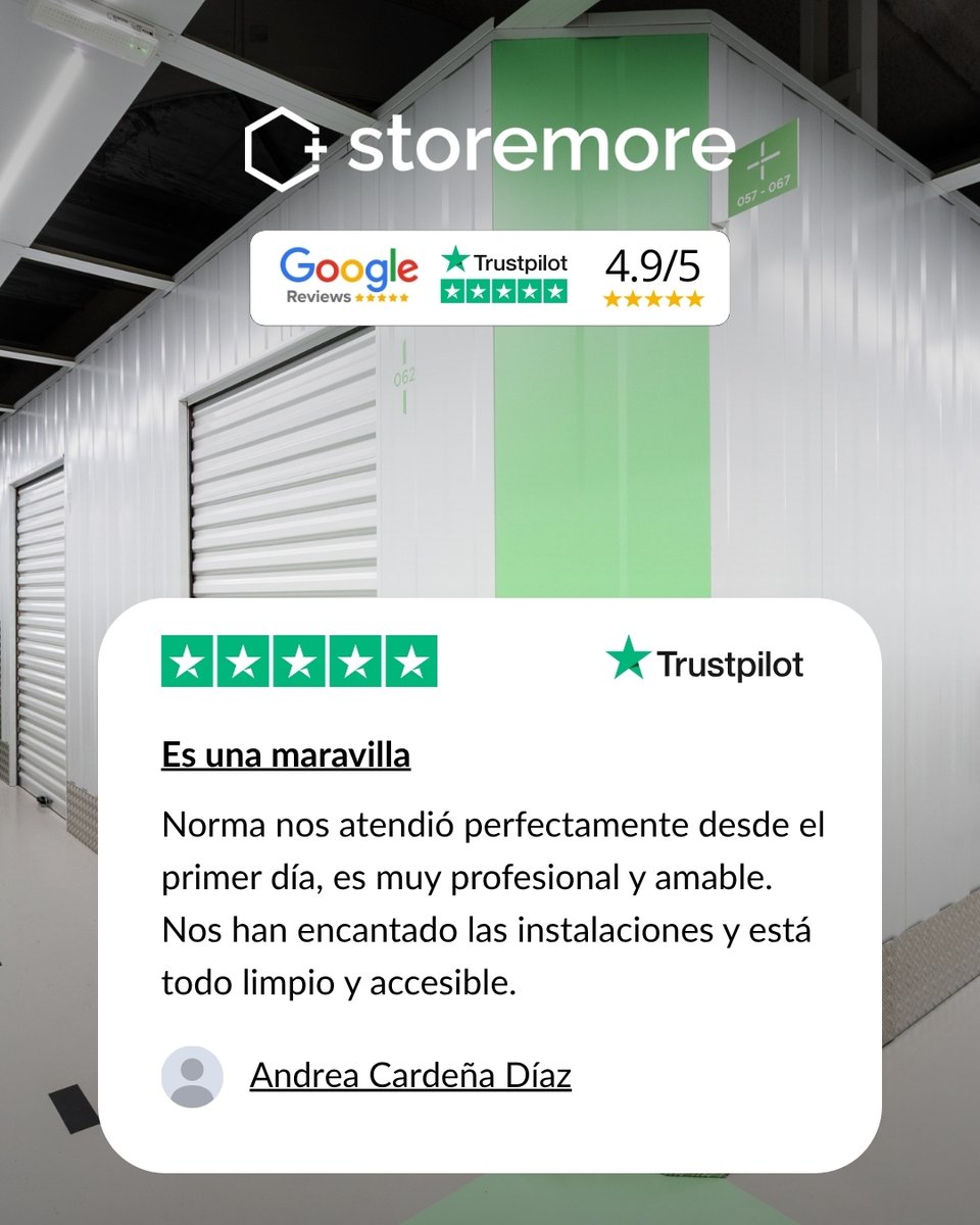 StoremoreES's tweet photo. Así hablan quienes ya confían en Storemore. 💚

Estas son nuestras últimas cuatro reseñas en Trustpilot. ¡Gracias por compartir vuestra experiencia!

#alquilerdetrasteros https://t.co/XIIYbdxUrW