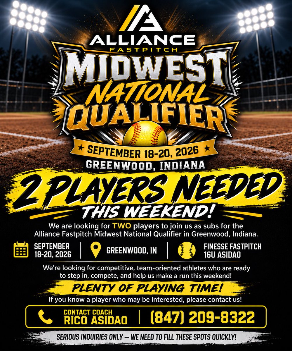 FinesseFP_ILWI's tweet photo. 🚨 NEED 2 PLAYERS — THIS WEEKEND! 🚨

Finesse Fastpitch 16U Asidao is looking for TWO players to join us as subs for the Alliance Fastpitch Midwest National Qualifier in Greenwood, Indiana!

📅 September 18–20, 2026
📍 Greenwood, IN
🥎 Finesse Fastpitch 16U Asidao

⭐ Plenty of playing time available!
⭐ Great opportunity to compete at a high-level event!

🚨 We need to fill these spots quickly! 
Know a player who may be interested? Please contact us ASAP!