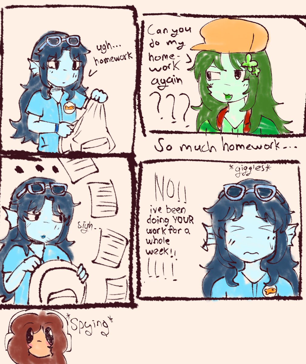 ParastaticVoid's tweet photo. i'm too lazy to draw anything good and i've been lacking off on my highschool au thingy so here's an ass doodle, i literally only added fransi spying cause i wanted her to be in the drawing . 

@isnaomicool https://t.co/81XlzlxvuC
