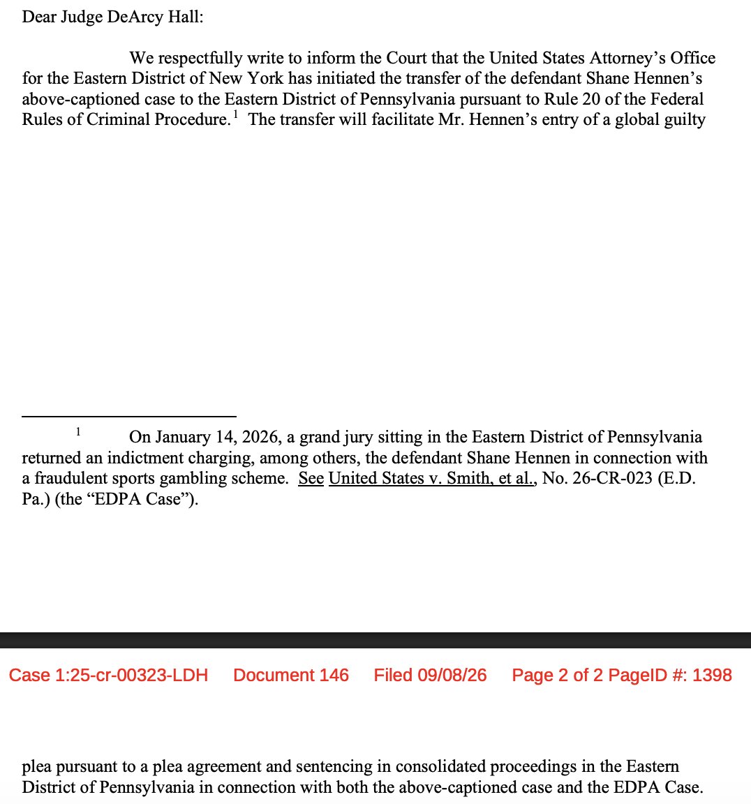 MikeVorkunov's tweet photo. Shane Hennen intends to enter a global guilty plea for his cases in the Eastern District of New York and the Eastern District of Pennsylvania, the US Attorney for Eastern District of New York told a federal judge last week. Hennen was indicted for his alleged role in the NBA insider gambling case and the college basketball point-shaving scheme. His charges will be consolidated and moved to PA's Eastern District.