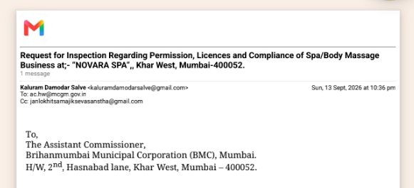 Ramadsalve's tweet photo. Request for Inspection Regarding Permission, Licences and Compliance of Spa/Body Massage Business at;- “NOVARA SPA”,, Khar West, Email date -13/sep/26
@mayor_mumbai @TawdeRitu @mybmc @mybmcWardHW @Janlokhit https://t.co/cuWvUyB95d
