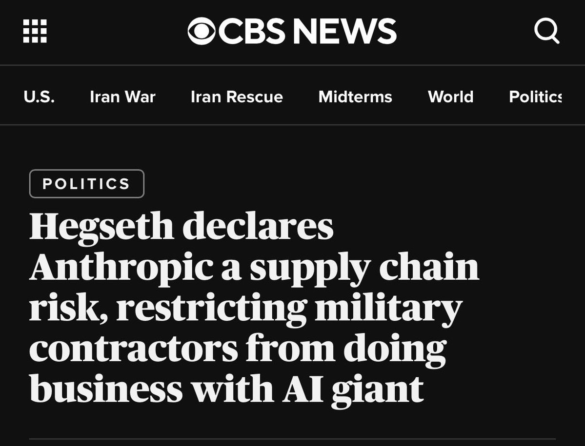 JayTC53's tweet photo. 🚨 In February The Department of War didn’t just cancel a contract with Anthropic AI. 

They treated Anthropic as a hostile vendor and forced the whole defense industrial base off Claude.

Anthropic wanted corporate veto power over defense weapon systems. The DOW rejected them. 

Hegseth called it a " Supply-Chain Risk to National Security " 

I find it funny that it's now Anthropic "sounding the alarm" on A.I. being too "powerful" 

Anthropic isn't the good the guys. They are a company retaliating against the Trump administration for terminating their contract with the DOW. 

Add the $90 million coming from China to fund anti AI data centers in America. We have a full blown colluding  with the Chinese communist party to stall and slow down American innovation.