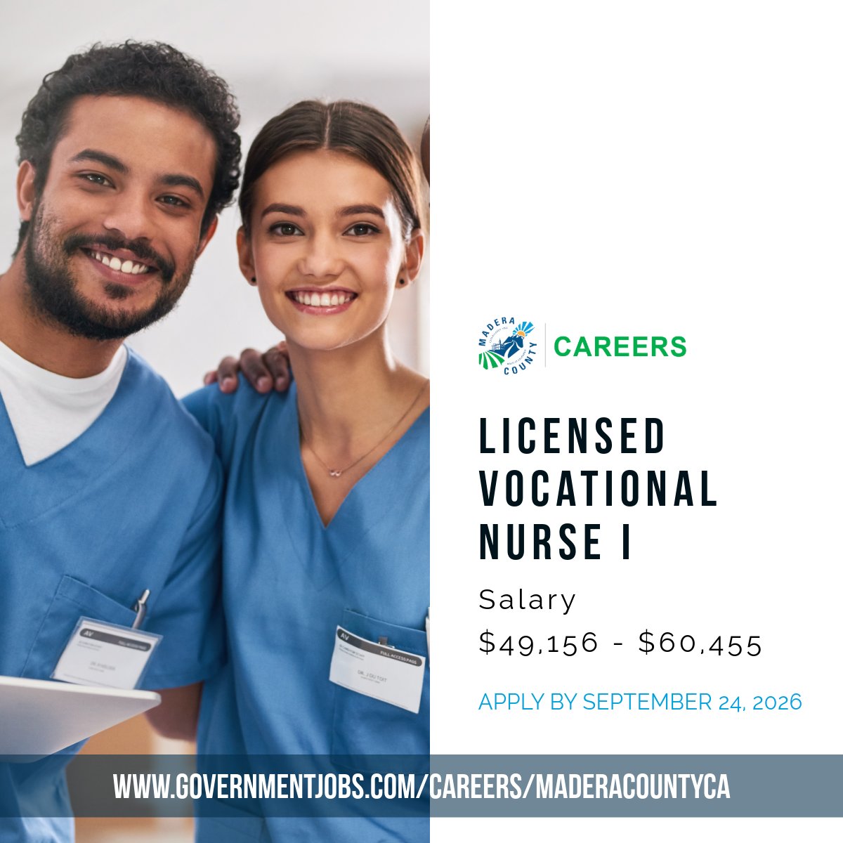 madcocareers's tweet photo. Madera County Public Health is hiring for a Licensed Vocational Nurse I! Apply today at https://t.co/cQi0xUoGze. https://t.co/t7Aiv9UVs7