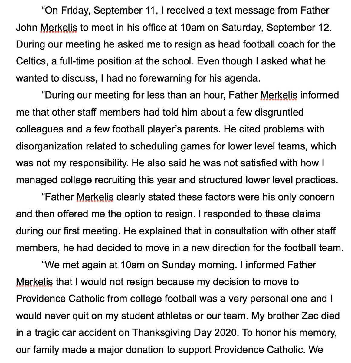 Matt_Fortuna's tweet photo. Statement from Tyler Plantz, who was fired as head coach by Providence Catholic HS on Sunday.

The former Notre Dame fullback says he was asked to resign, refused, and still has not received notice of his firing from PC, his alma mater: https://t.co/Lihl7uq2Uy