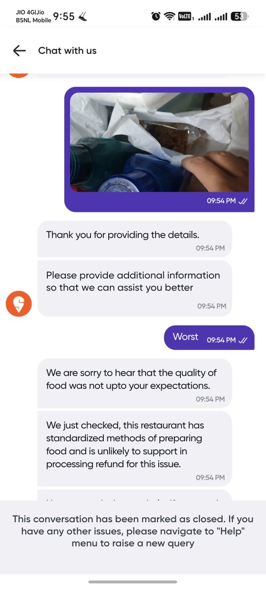 Waseeq's tweet photo. Received worst biryani from #Tajdarbar Kurnool hotel ordered from @Swiggy , @SwiggyCares it's not even biryani just plain rice with bone chicken piece. Threw everything. Automatic reply from chat with no way to get a refund. Frustrating. Shame on you @Swiggy @SwiggyCares https://t.co/oH6EtqgMjF