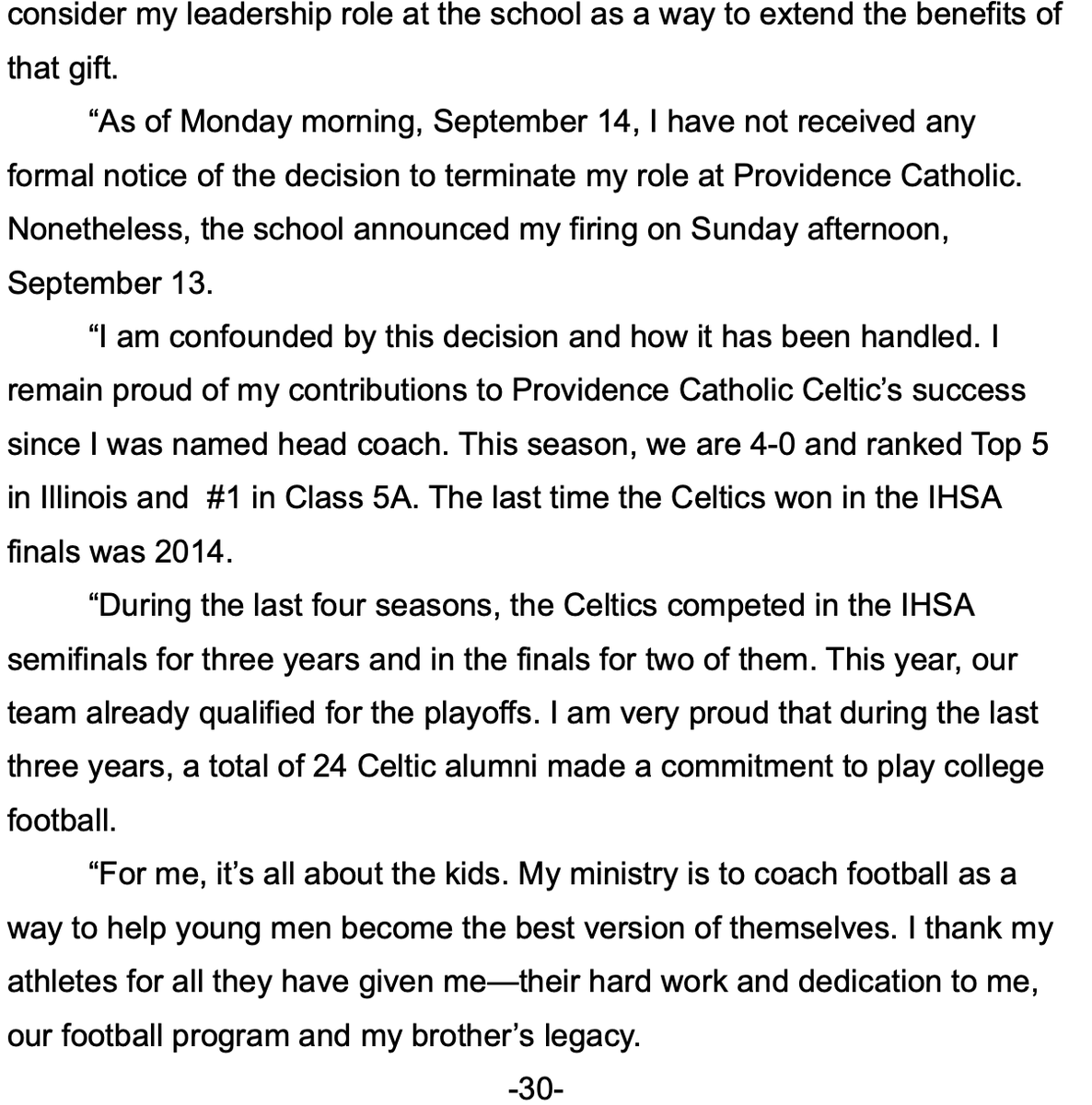 Matt_Fortuna's tweet photo. Statement from Tyler Plantz, who was fired as head coach by Providence Catholic HS on Sunday.

The former Notre Dame fullback says he was asked to resign, refused, and still has not received notice of his firing from PC, his alma mater: https://t.co/Lihl7uq2Uy