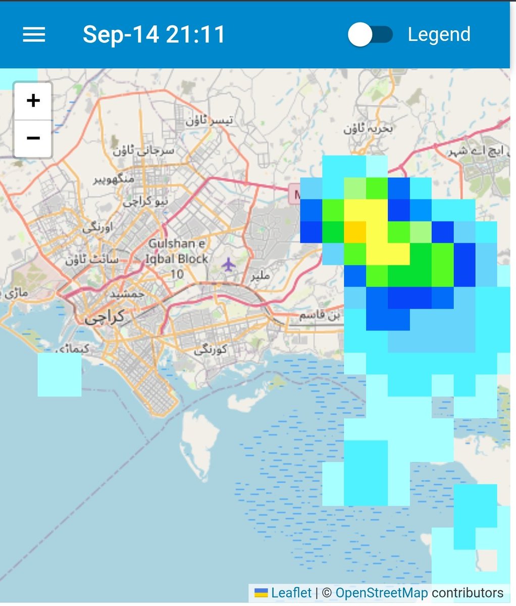 WeatherWupk's tweet photo. NOWCASITNG -1 - 9:25pm 

A Good Intensity Thunderstorm is present east southeast of Karachi and is slowly Moving west Southwest in nedt 15-60mins many areas like Malir, Korangi, Landhi, Clifton, Dha, Gulshan e Iqbal, Jauher, Surjani and adjoining areas may see Rain with https://t.co/IIlVjiL8Ph