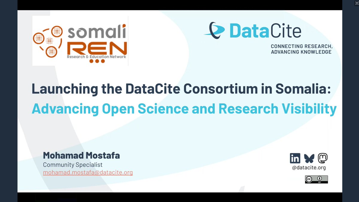 SomaliREN's tweet photo. We successfully hosted a webinar introducing the SomaliREN–DataCite Consortium and its benefits for Somali universities and research organisations.

The session featured insights from DataCite and SomaliREN, alongside a live demonstration of SORER and its DOI and ORCID capabilities.

#SomaliREN #DataCite #OpenScience