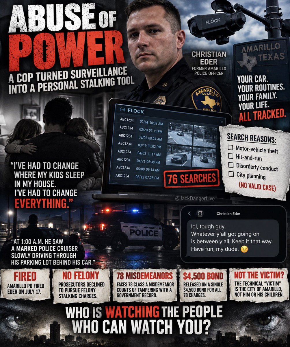 JackDangerLIVE's tweet photo. 🚨 THIS MAY BE ONE OF THE MOST DISTURBING ABUSES OF POLICE SURVEILLANCE EVER 🚨

A father in Amarillo, Texas says he has CHANGED WHERE HIS CHILDREN SLEEP after discovering that a police officer allegedly used law-enforcement surveillance tools to track him for MONTHS.

And the details are absolutely insane.

Former Amarillo officer Christian Eder allegedly became interested in a female police officer who had previously dated the father.

According to court records and the father’s account:

🔴 Eder allegedly searched the father’s license plate through the city’s Flock camera network 76 TIMES between February and June.

🔴 Investigators say there was NO legitimate case or police assignment involving the father or his vehicle that justified those searches.

🔴 Eder allegedly entered bogus law-enforcement reasons for searches, including motor-vehicle theft, hit-and-run, disorderly conduct and “city planning.” 

🔴 He’s also accused of searching the father’s NAME twice through the law-enforcement database TLOxp.

But it gets even more disturbing.

The father says he learned Eder was allegedly using his department-issued phone to remotely view the female officer’s active body-camera and in-car camera feeds to determine where she was.

Then one night around 1:00 A.M., the father walked outside to go to the gym and says he saw Eder’s MARKED POLICE CRUISER slowly driving through his apartment parking lot behind his car.

The female officer later allegedly told him Eder had mentioned seeing him leave his apartment at that exact time. 

The father finally TEXTED Eder and told him to back off.

Eder allegedly responded:

“lol, tough guy… Keep it that way. Have fun, my dude.” 😉

The father eventually went to Internal Affairs.

That investigation uncovered the alleged searches, and Amarillo PD FIRED Eder on July 17. 

But here’s the part that should TERRIFY EVERY AMERICAN:

Prosecutors reportedly declined to pursue felony stalking charges.

Instead, Eder now faces 78 Class A misdemeanor counts of tampering with a government record. He pleaded not guilty and was released on a single $4,500 bond covering all 78 charges. 

And because of how those charges work, the father says he was told that the technical “victim” is THE CITY OF AMARILLO, NOT HIM OR HIS CHILDREN. 

Meanwhile, he says police wouldn’t even give him a description of Eder’s personal vehicles so he could know what cars to watch for, even though Eder allegedly had access to enormous amounts of information about HIM.

The father says:

“I’ve had to change where my kids sleep in my house. I’ve had to change everything.” 

Think about this for a second.

A system sold to communities as a tool for catching criminals was allegedly turned into a PERSONAL TRACKING SYSTEM by one officer pursuing a romantic interest.

Your license plate.

Your movements.

Your routines.

Where you pick up your children.

Where you go at night.

76 searches.

And according to reporting on the case, it was the father’s complaint that ultimately triggered the internal investigation that exposed what allegedly happened. Internal Affairs and the police themselves had NO IDEA.

This isn’t just a story about one cop.

It raises a much bigger question: Who is watching the people with access to the cameras watching YOU? 👀