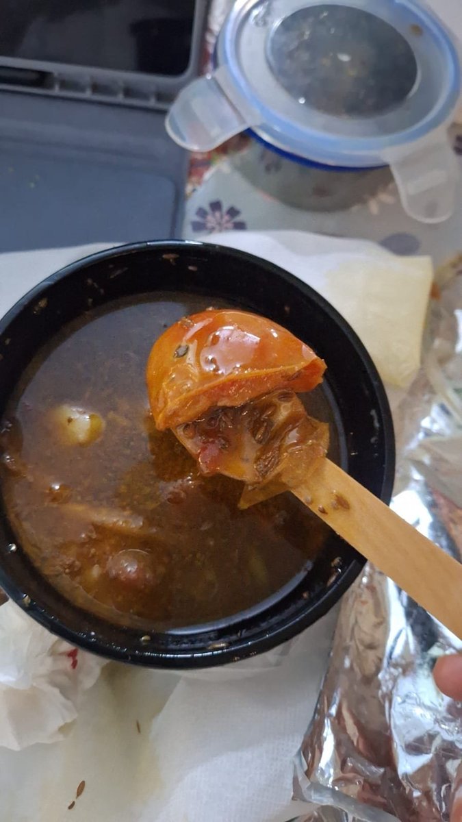 NNehalani's tweet photo. Thanks! @zomato @zomatocare

Came home after a tiring day...ordered Aloo Tomato Curry ...got boiled water with half cut tomato in it.

Reported it to chat support...They said the food's texture is subject to a individual's preferences

+Didn't even recieve the halwa I paid for! https://t.co/xXpaVPPD4u