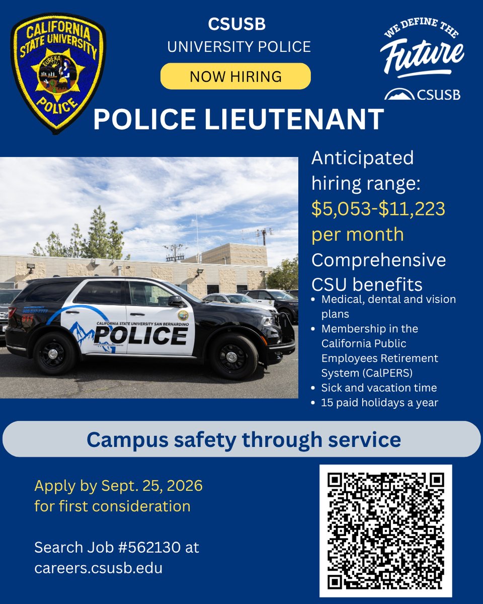 CSUSB_PD's tweet photo. The CSUSB University Police Department is seeking an experienced law enforcement professional to serve as lieutenant.

Apply by Sept. 26 for first consideration: https://t.co/kUUpTUHQfz https://t.co/zcjIOeMb9G