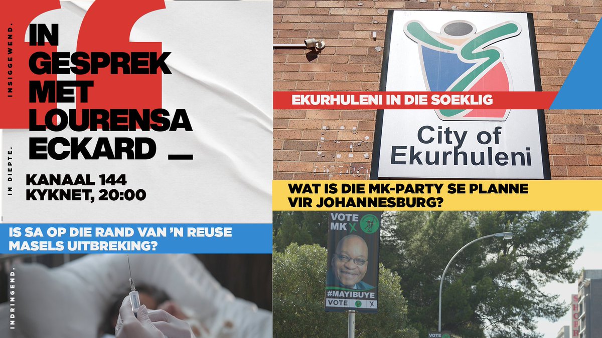 kykNETtv's tweet photo. Vanaand op #InGesprek: Ons bespreek die stand van sake in die Ekurhuleni-metro en die regse Alternatief vir Duitsland-party se toenemende steun. Die MK Party se burgemeesterskandidaat is in die ateljee, en meer.

Skakel in om 20:00 net op #kykNET @DStv kanaal 144. https://t.co/51fLKWg32R