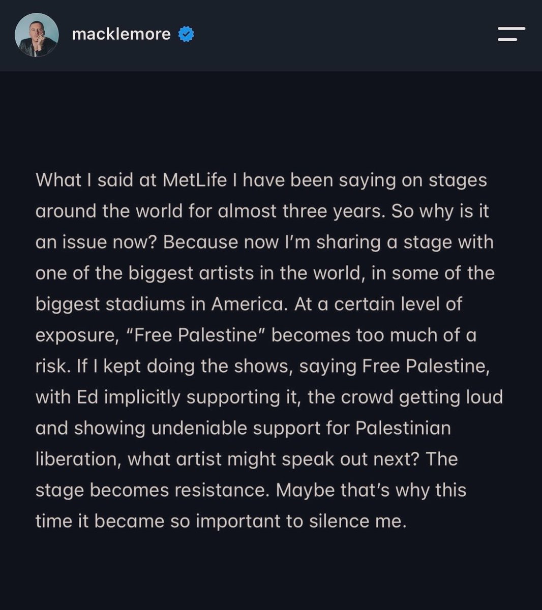 forallbirdsongs's tweet photo. His statement’s message is a bit more than that..

"What I said at MetLife I have been saying on stages around the world for almost three years. So why is it an issue now? Because now I'm sharing a stage with one of the biggest artists in the world, in some of the biggest stadiums in America..

At a certain level of exposure, "Free Palestine" becomes too much of a risk. If I kept doing the shows, saying Free Palestine, with Ed implicitly supporting it, the crowd getting loud and showing undeniable support for Palestinian liberation, what artist might speak out next?

The stage becomes resistance. 

Maybe that's why this time it became so important to silence me.."

In Full | https://t.co/iT9IydIxpZ