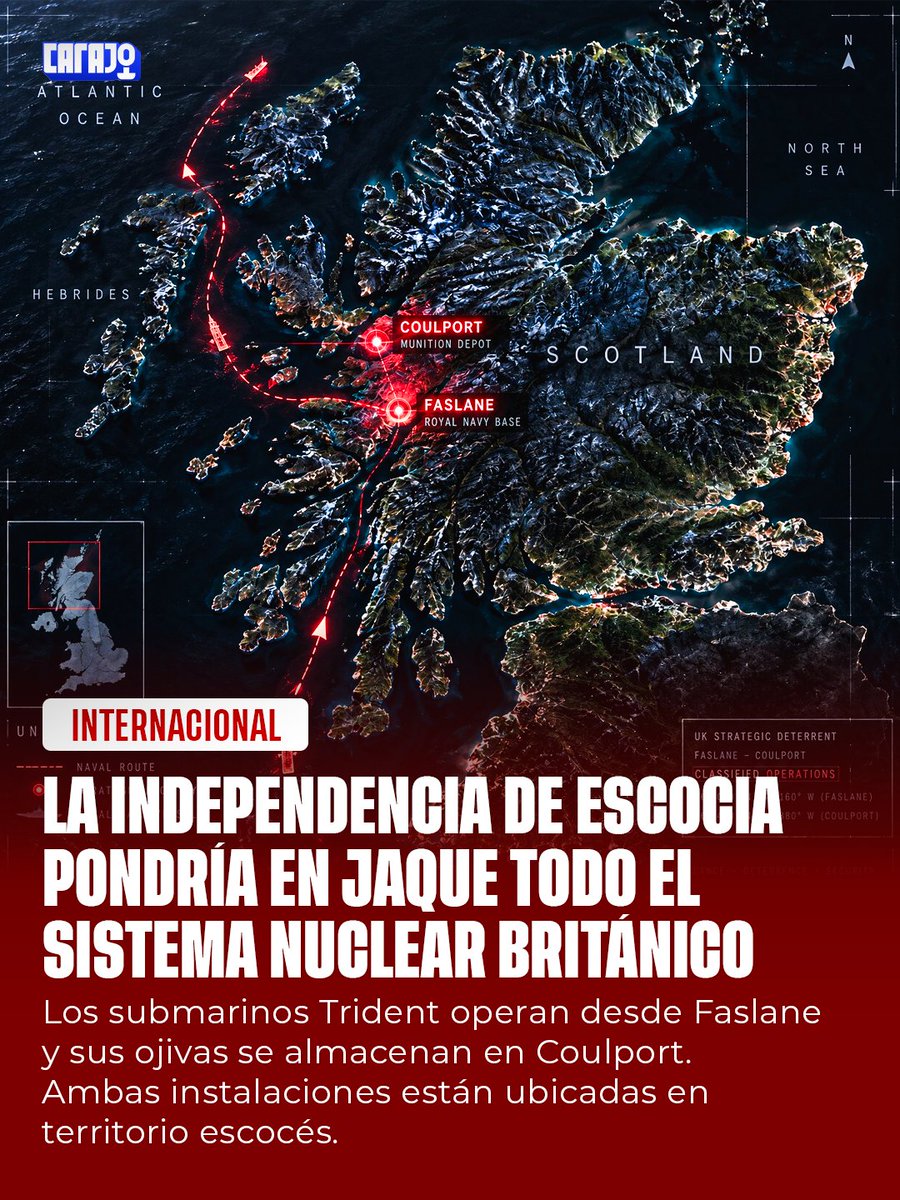 CarajoStream's tweet photo. EL TALÓN DE AQUILES NUCLEAR DEL REINO UNIDO ☢️

Los submarinos Vanguard, equipados con misiles Trident, operan desde Faslane; sus ojivas se almacenan en Coulport. Ambas bases están en Escocia y reemplazarlas llevaría años y costaría miles de millones. https://t.co/XAEnzYm443