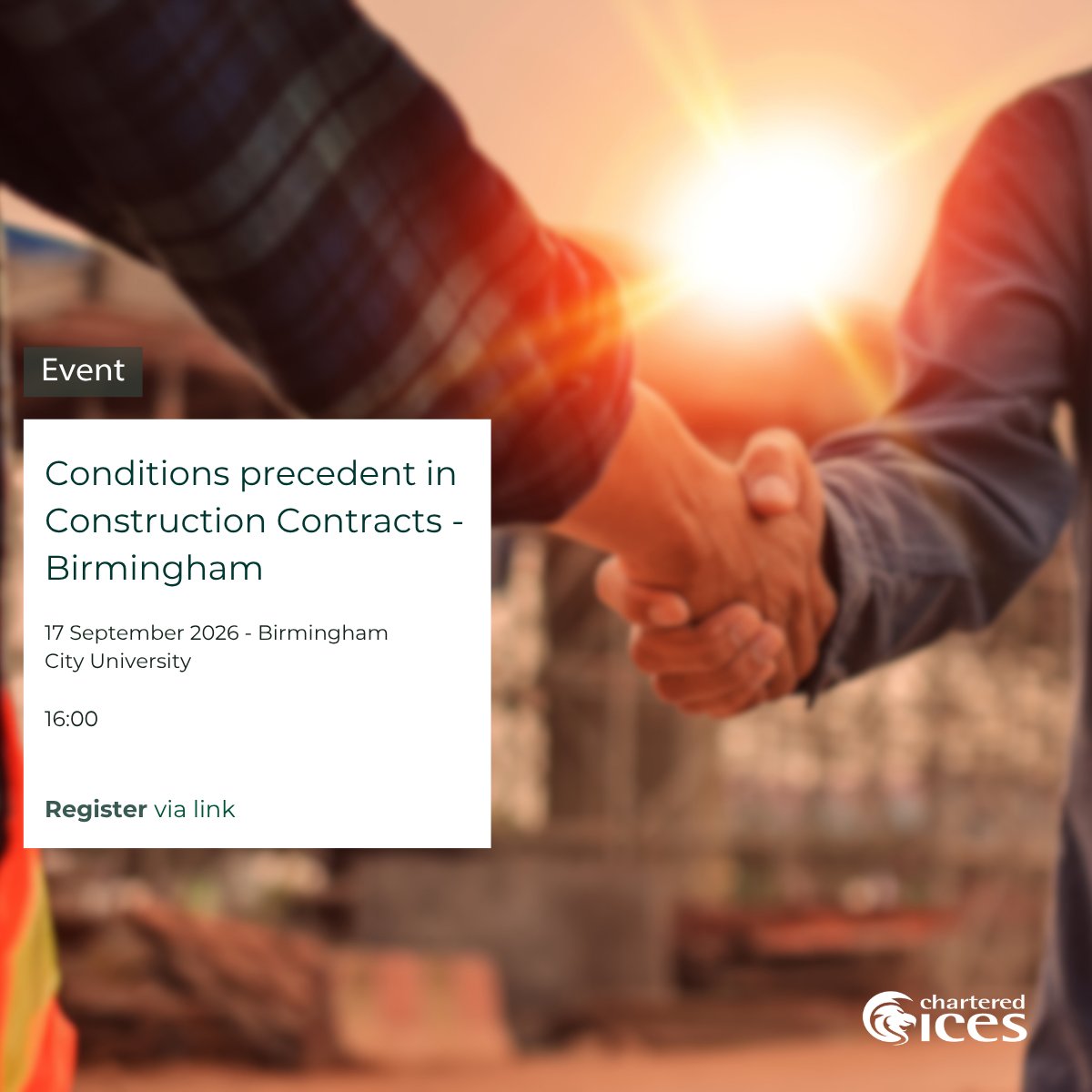 CharteredICES's tweet photo. Want to know how conditions precedent can make or break a construction contract?

Join our joint Eastern &amp; Midlands event with Ciarb at Birmingham City University, hosted by Dr Alan Ma, with expert insights from Priya Kale + Anthony Mercure.

Book: https://t.co/Tvhi4fxnlu https://t.co/G3h1IgoGXF